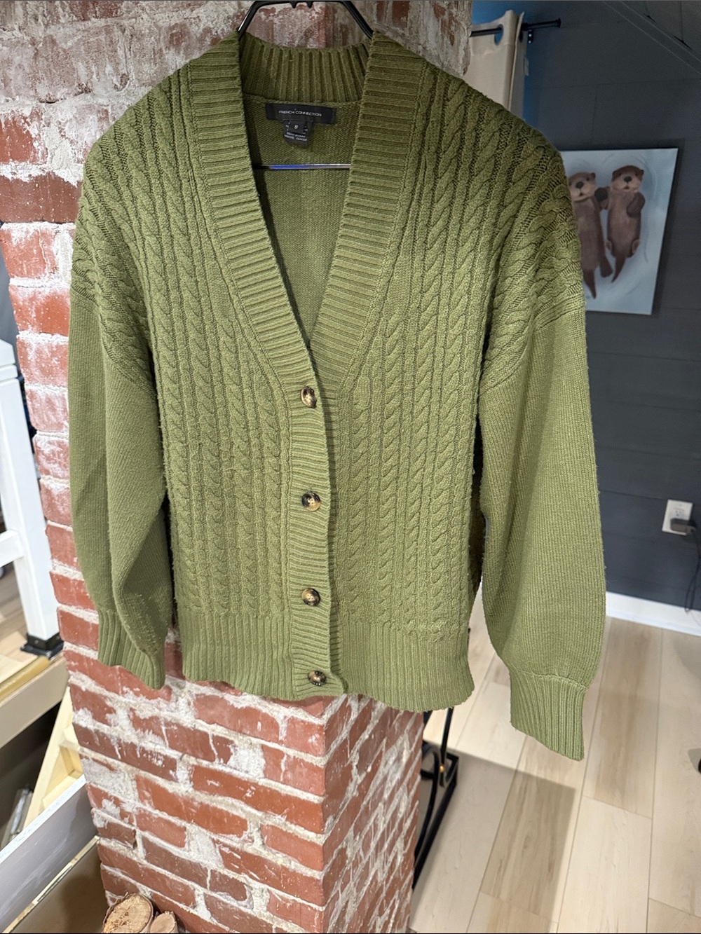 French Connection Olive Green Cable Knit Button Cardigan